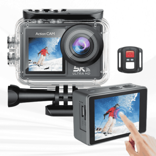 Action Camera 5k with Dual Screen & Remote – Waterproof, Wi-Fi & Electronic Stabilization
