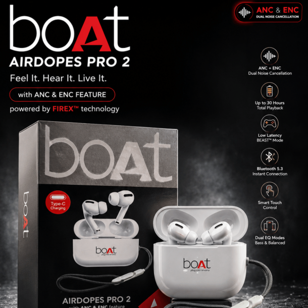 boAt 009 Pro Wireless Earbuds with 46dB Hybrid ANC, 50 Hours Playback, Bluetooth 5.3 & 60ms Low Latency