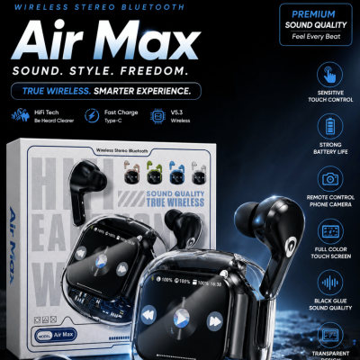 Air Max TWS Wireless Earbuds with Touch Display, Bluetooth 5.3, Fast Charging & Remote Camera Control